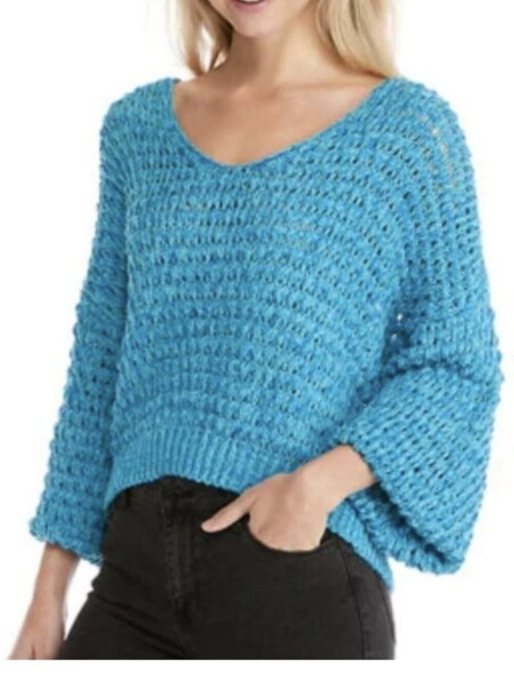 Free People Pristine Waters Chunky Knit Blue Sweater Loose Weave Size XS NWT